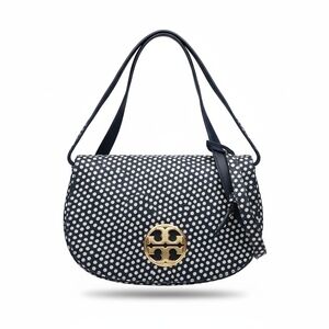 Tory Burch Navy Polka Dot Shoulder Bag with Gold Logo Medallion